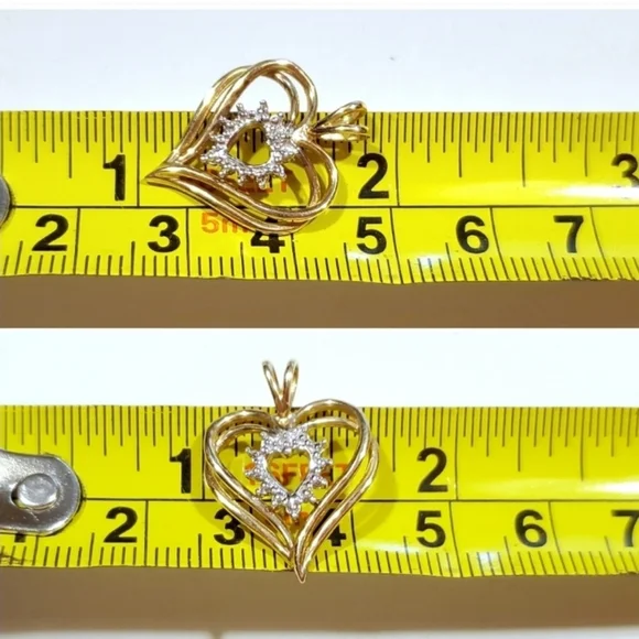 10K Solid Yellow Gold Triple Heart Genuine Diamond Heart Pendant 1.47 grams